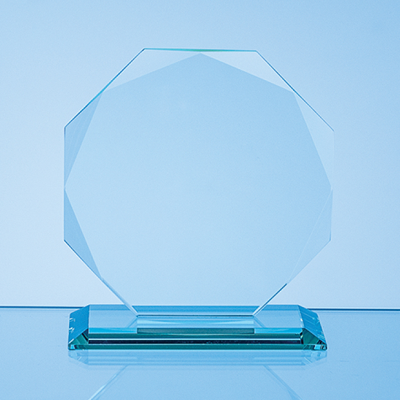 11,5CM X 11,5CM X 10MM JADE GLASS FACETTED OCTAGON AWARD.