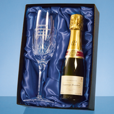 Picture of BLENHEIM SINGLE CHAMPAGNE FLUTE GIFT SET WITH a 20CL BOTTLE OF LAURENT PERRIER CHAMPAGNE.