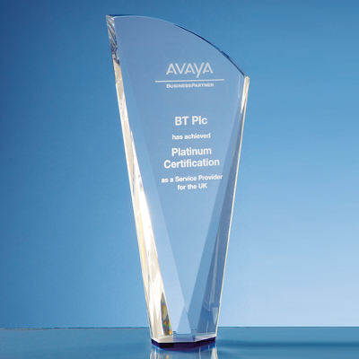 Picture of CLEAR TRANSPARENT OPTICAL CRYSTAL FACET SHARD AWARD with a Sapphire Blue Base.