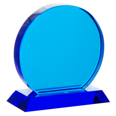 BLUE GLASS TROPHY AWARD CIRCLE 100MM HIGH SUPPLIED in a Black Foam Lined Presentation Box