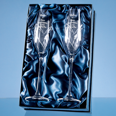 Picture of 2 DIAMANTE CHAMPAGNE FLUTES with Heart Shape Cutting in an Attractive Gift Box.