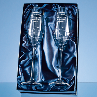 Picture of 2 DIAMANTE CHAMPAGNE FLUTES with Spiral Design Cutting in an Attractive Gift Box