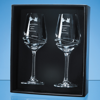 Picture of 2 DIAMANTE WINE GLASSES with Modena Spiral Cutting in an Attractive Gift Box.