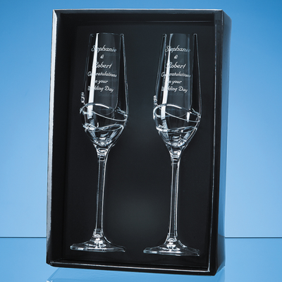 Picture of 2 DIAMANTE CHAMPAGNE FLUTES with Modena Spiral Cutting in an Attractive Gift Box.