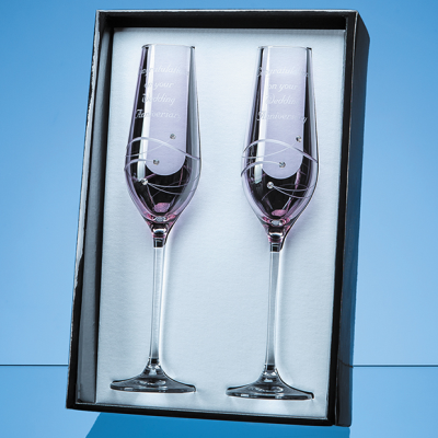 Picture of 2 PINK DIAMANTE CHAMPAGNE FLUTES with Spiral Design Cutting in an Attractive Gift Box.