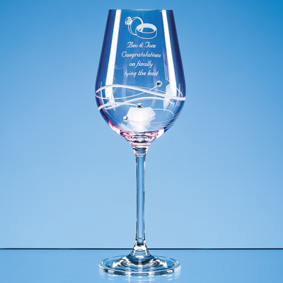 Picture of SINGLE PINK DIAMANTE WINE GLASS with Spiral Design Cutting.