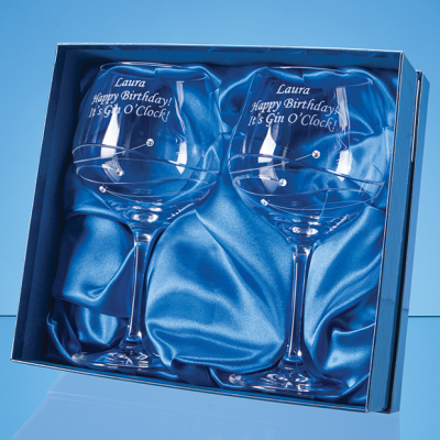 Picture of 2 DIAMANTE GIN GLASSES WITH SPIRAL DESIGN CUTTING IN a SATIN LINED GIFT BOX.