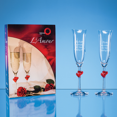 Picture of 2 LAMOUR RED HEART CHAMPAGNE FLUTES IN AN ATTRACTIVE GIFT BOX.