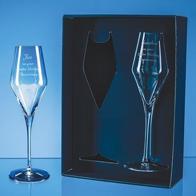 Picture of 2 HILITE CHAMPAGNE FLUTES with LED Illumination in the Base in a Gift Box.