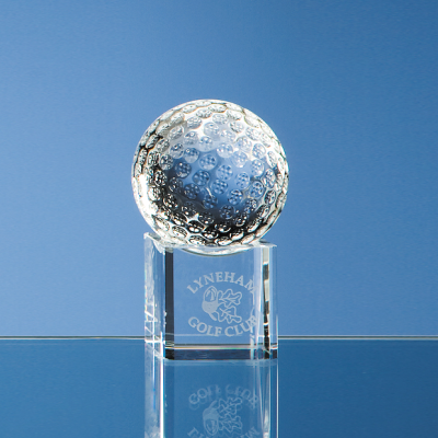 Picture of 5CM OPTICAL CRYSTAL GOLF BALL ON a CLEAR TRANSPARENT CRYSTAL BASE.