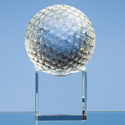 Picture of 8CM OPTICAL CRYSTAL GOLF BALL ON a CLEAR TRANSPARENT CRYSTAL BASE