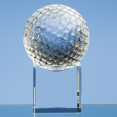 Picture of 8CM OPTICAL CRYSTAL GOLF BALL ON a CLEAR TRANSPARENT CRYSTAL BASE.