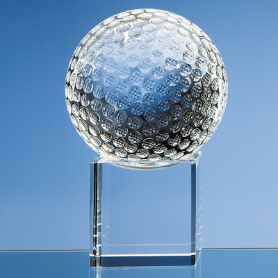 Picture of 10CM OPTICAL CRYSTAL GOLF BALL ON a CLEAR TRANSPARENT CRYSTAL BASE.