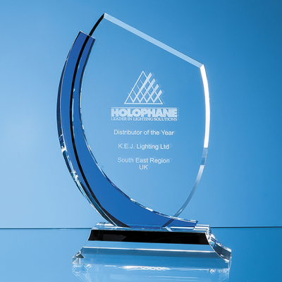 Picture of 20CM OPTICAL CRYSTAL SLOPE AWARD with Sapphire Blue Curve.