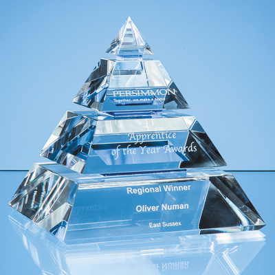 Picture of 16CM CLEAR TRANSPARENT OPTICAL CRYSTAL LUXOR PYRAMID AWARD with 3 Cobalt Blue Lines.