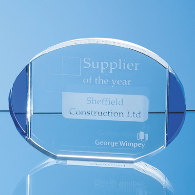 Picture of CLEAR TRANSPARENT & COBALT BLUE OPTICAL CRYSTAL COLUMN OVAL AWARD