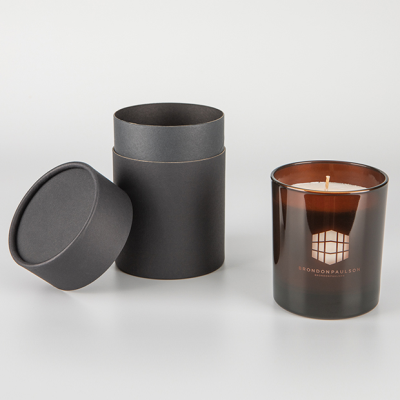 Picture of 240G SMOKED BRONZE GLASS SCENTED CANDLE in a Round Black Gift Box.