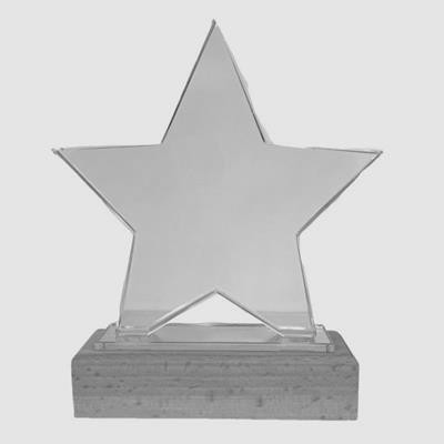 GLASS STAR AWARD with a Wood Base 160Mm High Supplied in a Black Foam Lined Presentation Box