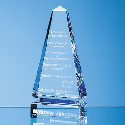 Picture of 26CM CLEAR TRANSPARENT OPTICAL CRYSTAL CENOTAPH AWARD WITH a SINGLE COBALT BLUE LINE.