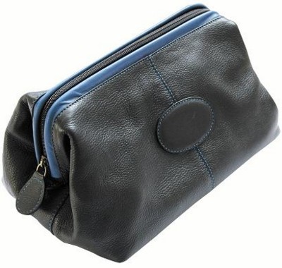 Picture of MELBOURNE NAPPA LEATHER TRAVEL TOILETRY WASH BAG in Black with Blue Trim.