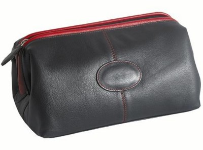 Picture of MELBOURNE NAPPA LEATHER TRAVEL TOILETRY WASH BAG in Black with Red Trim.