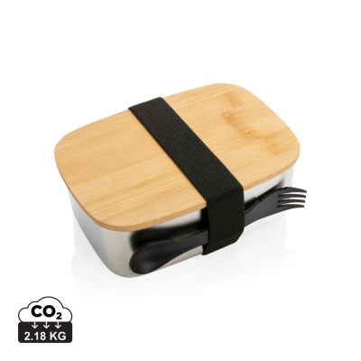 Picture of STAINLESS STEEL METAL LUNCH BOX with Bamboo Lid & Spork