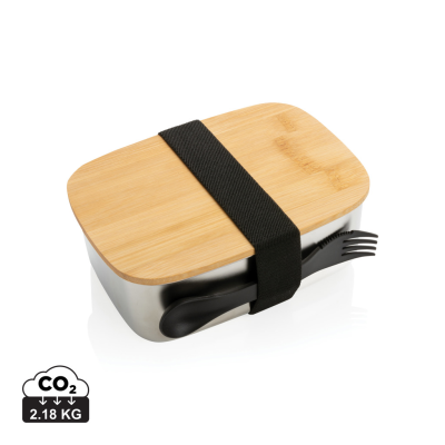 Picture of STAINLESS STEEL METAL LUNCH BOX with Bamboo Lid & Spork in Silver.