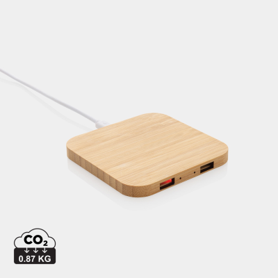 Picture of BAMBOO 10W CORDLESS CHARGER with USB in Brown