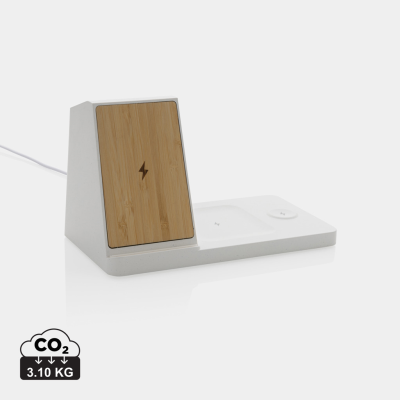 Picture of ONTARIO RECYCLED PLASTIC & BAMBOO 3-IN-1 CORDLESS CHARGER in White