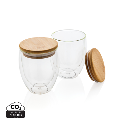 Picture of DOUBLE WALL BOROSILICATE GLASS with Bamboo Lid 250Ml 2Pc Set in Clear Transparent.