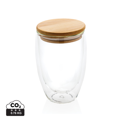 Picture of DOUBLE WALL BOROSILICATE GLASS with Bamboo Lid 350Ml in Clear Transparent.