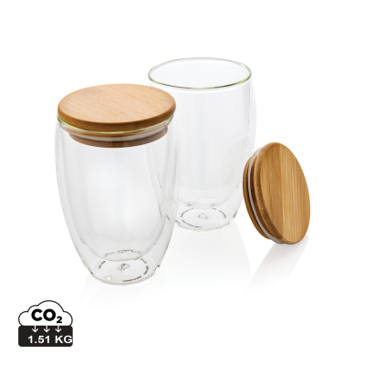 Picture of DOUBLE WALL BOROSILICATE GLASS with Bamboo Lid 350Ml 2Pc Set in Clear Transparent.