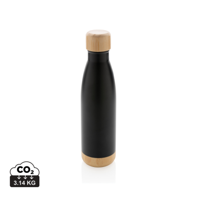 Picture of VACUUM STAINLESS STEEL METAL BOTTLE with Bamboo Lid & Bottom in Black