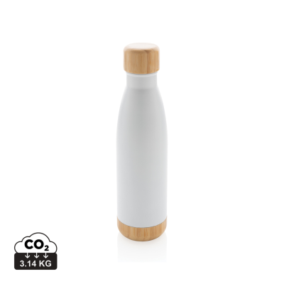 Picture of VACUUM STAINLESS STEEL METAL BOTTLE with Bamboo Lid & Bottom in White