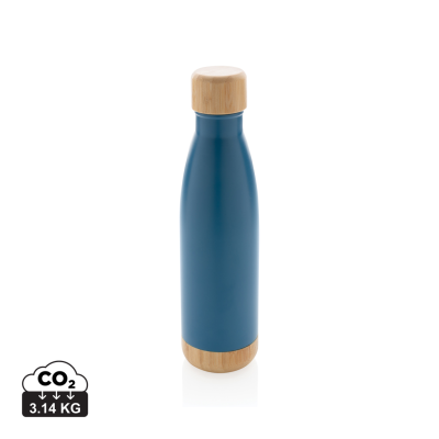 Picture of VACUUM STAINLESS STEEL METAL BOTTLE with Bamboo Lid & Bottom in Blue