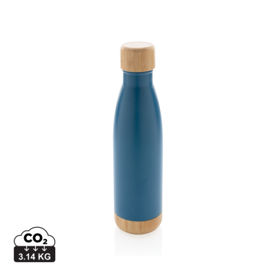 Picture of VACUUM STAINLESS STEEL METAL BOTTLE with Bamboo Lid & Bottom in Blue.