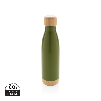 Picture of VACUUM STAINLESS STEEL METAL BOTTLE with Bamboo Lid & Bottom in Green.