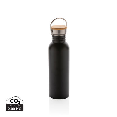 Picture of MODERN STAINLESS STEEL METAL BOTTLE with Bamboo Lid in Black.