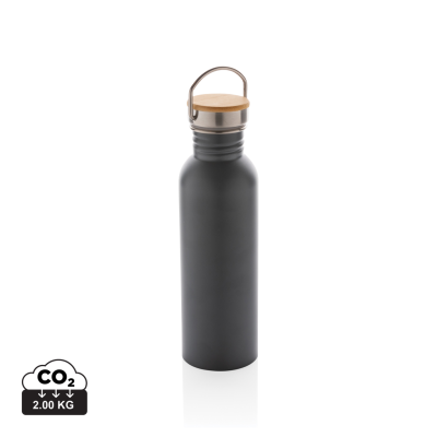 Picture of MODERN STAINLESS STEEL METAL BOTTLE with Bamboo Lid in Grey.