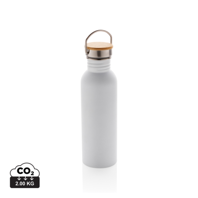 Picture of MODERN STAINLESS STEEL METAL BOTTLE with Bamboo Lid in White.