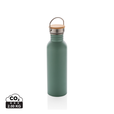 Picture of MODERN STAINLESS STEEL METAL BOTTLE with Bamboo Lid in Green.