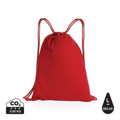 IMPACT AWARE™ RECYCLED COTTON DRAWSTRING BACKPACK RUCKSACK 145G in Red.