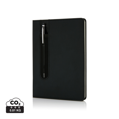 Picture of STANDARD HARDCOVER PU A5 NOTE BOOK with Stylus Pen in Black.