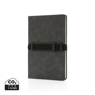 DELUXE HARDCOVER PU NOTE BOOK A5 with Phone & Pen Holder in Grey.