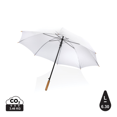 Picture of 27 INCH IMPACT AWARE™ RPET 190T AUTO OPEN BAMBOO UMBRELLA in White.
