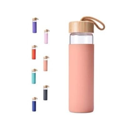 Picture of 16 OZ GLASS WATER BOTTLE with Bamboo Lid & Silicon Sleeve