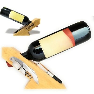 Picture of BAMBOO WINE BOTTLE HOLDER with Corkscrew Bottle Opener & Opener.