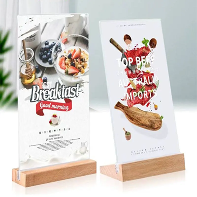 Picture of ACRYLIC TABLE CARD DISPLAY STAND WALNUT WOOD BASE A4 HOLDER