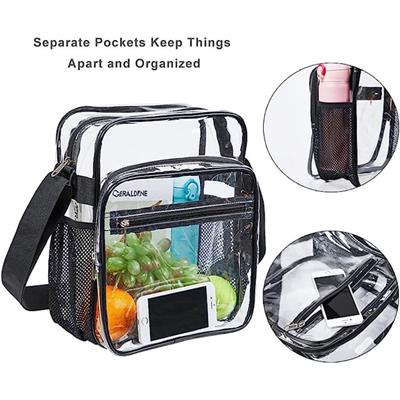 Picture of CLEAR TRANSPARENT PVC STADIUM APPROVED CROSSBODY MESSENGER SHOULDER BAG with Mesh Pockets