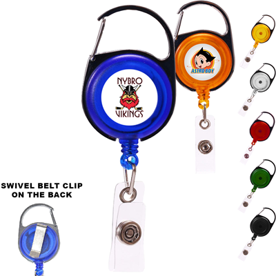 Picture of CLEAR TRANSPARENT ROUND CARABINER BADGE REEL with Swivel Belt Clip